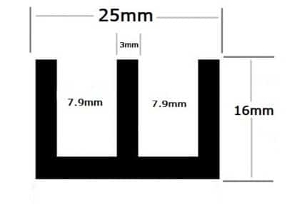 25mm x 16mm x 3mm Aluminium Double Channel - Image 2